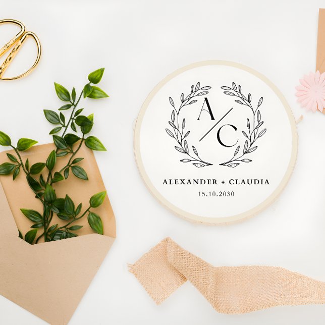 Beige & Black Elegant Personalized Wedding Logo Classic Round Sticker (Creator Uploaded)