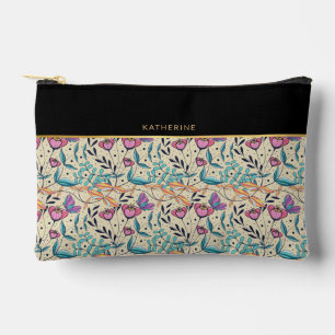 Beige Black Flowers Pattern Pretty Girly Trendy Accessory Pouch