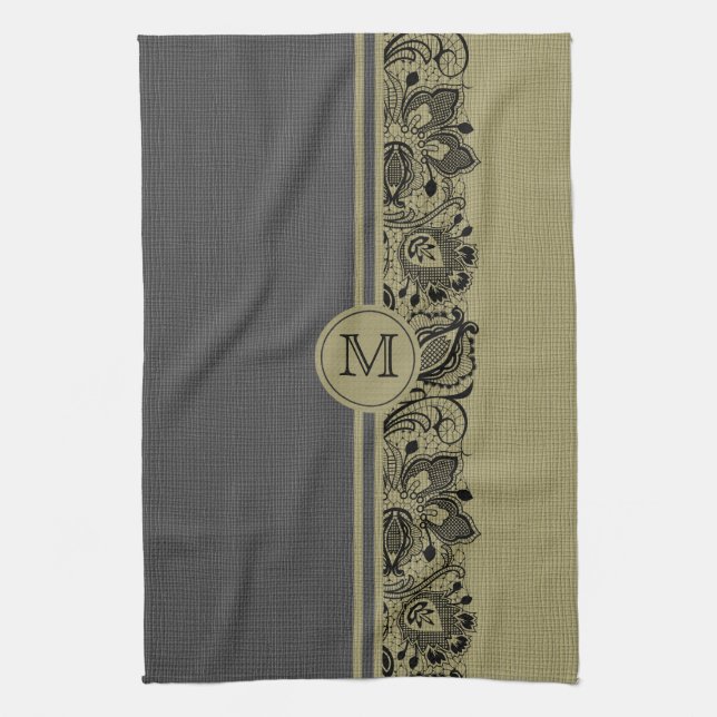 Beige & Black Natural Linen & Black Lace 2 Kitchen Towel (Vertical)
