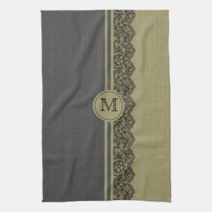 Beige & Black Natural Linen & Black Lace Kitchen Towel