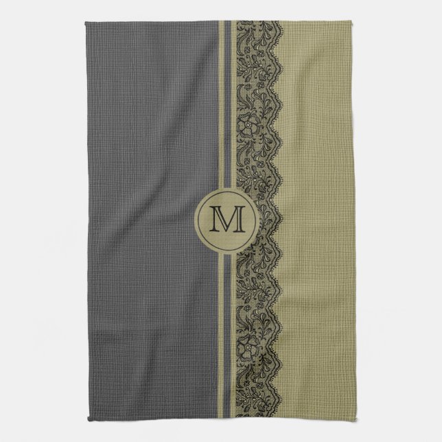 Beige & Black Natural Linen & Black Lace Kitchen Towel (Vertical)