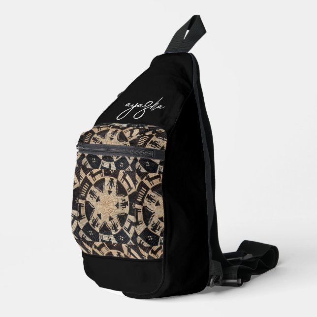Beige Black Southwestern Native Basket Weave Name Sling Bag (Right Corner)
