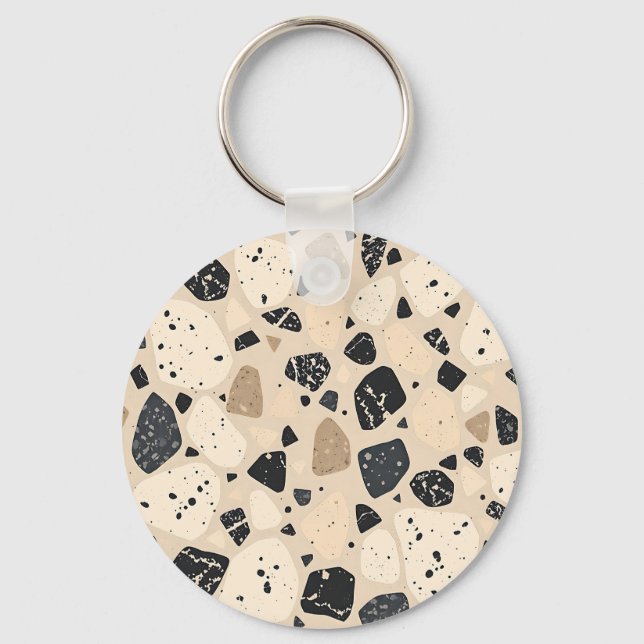Beige Black Terrazzo Pattern Neutral Abstract  Keychain (Front)