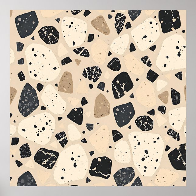 Beige Black Terrazzo Pattern Neutral Abstract  Poster (Front)