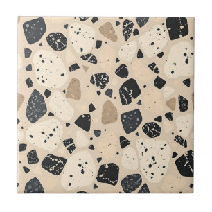 Beige Black Terrazzo Pattern Neutral Abstract  Tile