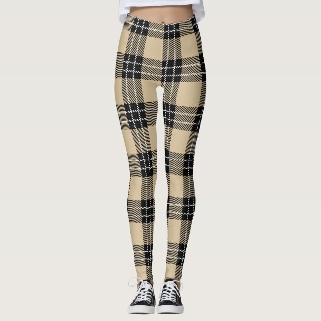 Beige/Black Women's Plaid Leggings (Front)