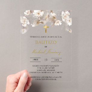 Beige blanc floral espagnol baptême Invitation