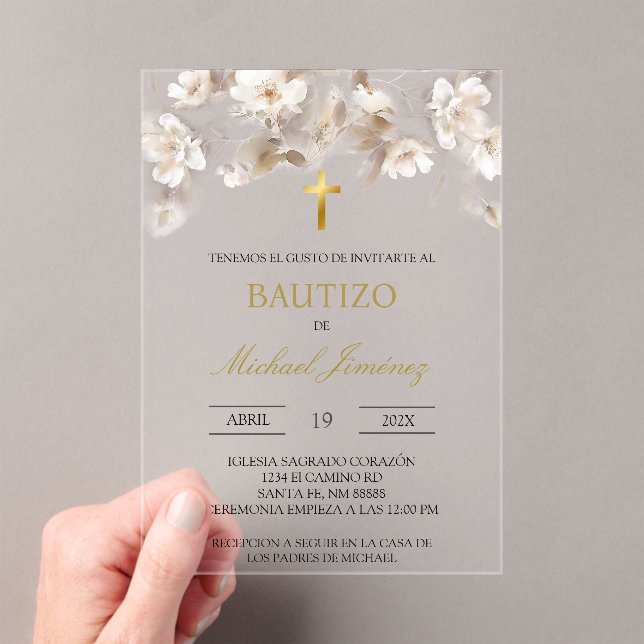 Beige blanc floral espagnol baptême Invitation (In situ (ordinateur de poche))