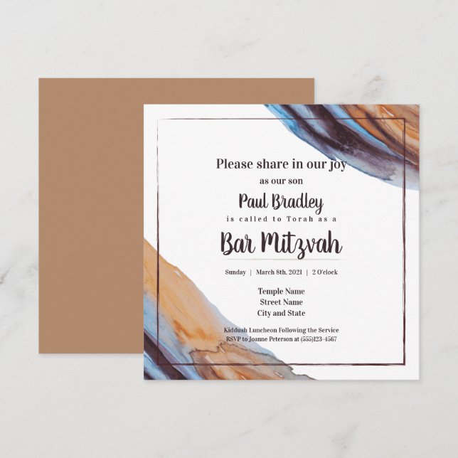 Beige, Bleu, Eggplant Bar Mitzvah Invitation (Devant / Derrière)