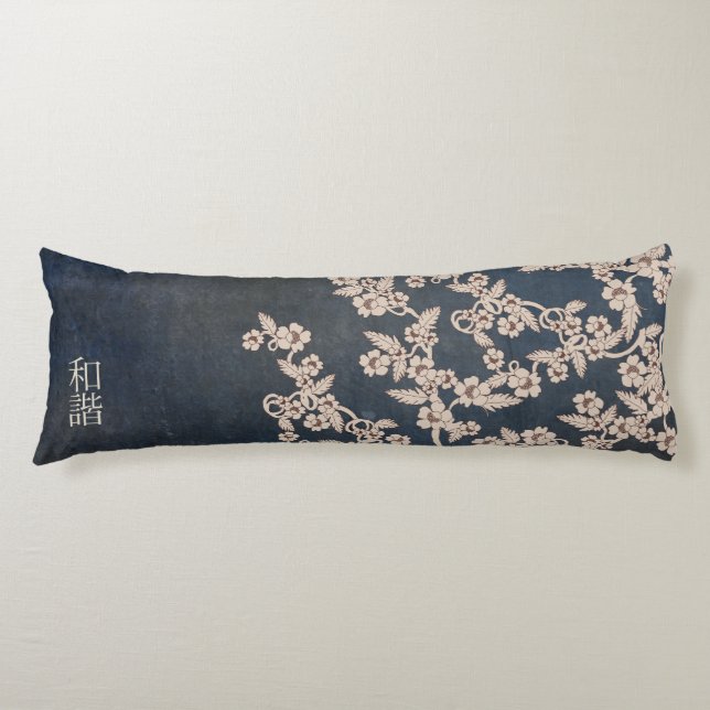 Beige blossoms blue textured "Unison" Body Pillow (Front)
