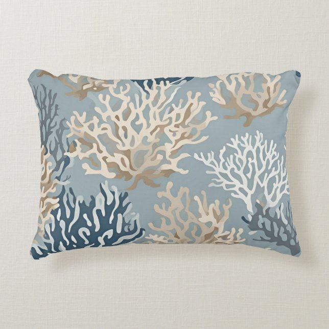 Beige Blue Coral Reef Sealife Ocean Coastal  Accent Pillow (Front)