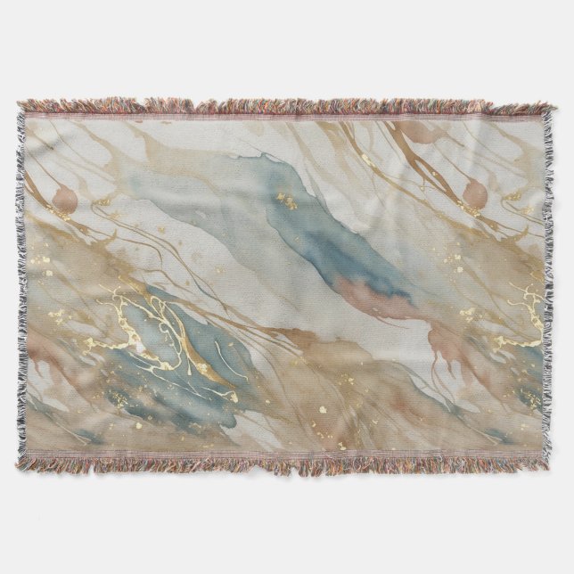Beige & Blue Watercolor Abstract Marble Throw Blanket (Front)