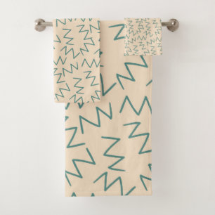 Beige Blue Zig Zag Pattern Bath Towel Set