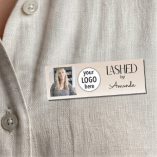 Beige Blush Lashed Minimal Logo Photo Name Tag