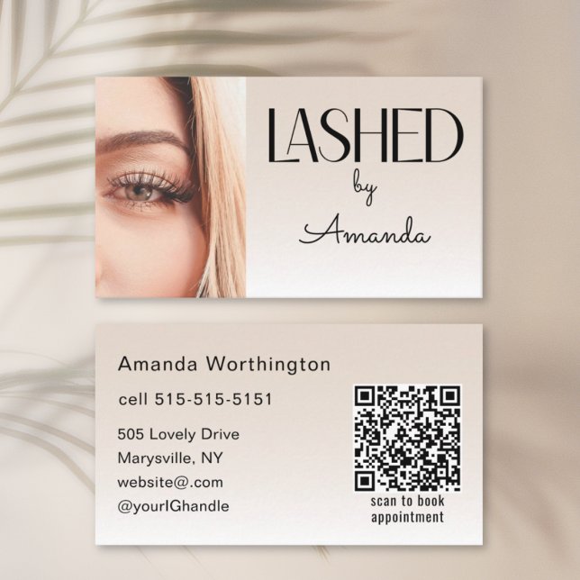Beige Blush Lashed Minimalist Photo QR Code Business Card (Creator Uploaded)