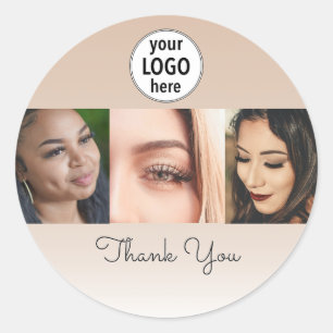 Beige Blush Minimalist Logo Photos Thank You Classic Round Sticker