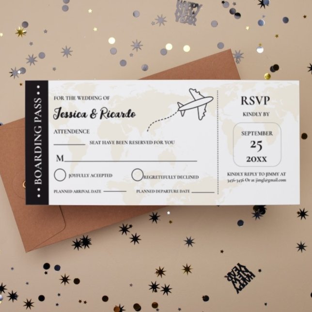 Beige boarding pass wedding RSVP enclosure card (Creator Uploaded)