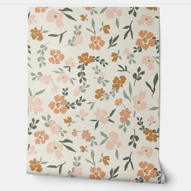 Beige Bohemian Floral (Pink, Green, Beige) Wallpaper (Unrolling)