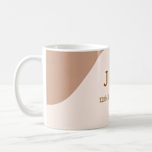 Beige boho curvy orange wedding name date coffee mug (Left)