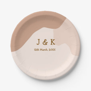 Beige boho curvy orange wedding name date paper plate