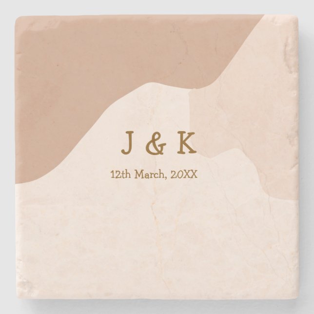 Beige boho curvy orange wedding name date stone coaster (Front)