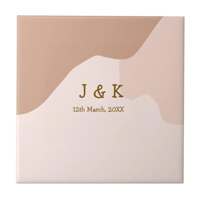 Beige boho curvy orange wedding name date tile (Front)