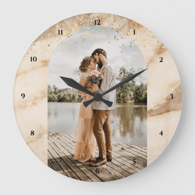 Beige Boho Frame Photo Newly Weds 1st Anniversary Large Clock (Front)