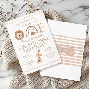 Beige Boho Little Boy Animal First 1st Birthday Invitation