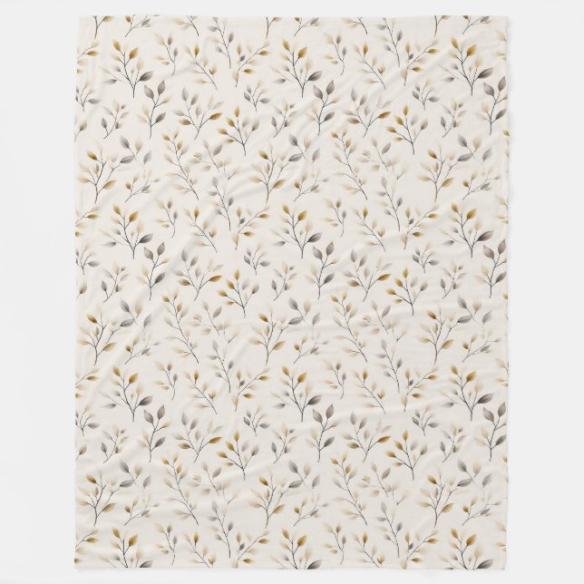 Beige Boho Neutral Botanical Cream Leaves Pattern Fleece Blanket (Front)