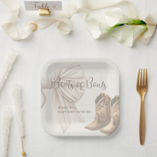Beige Boots Or Bows Watercolor Gender Reveal Paper Plate