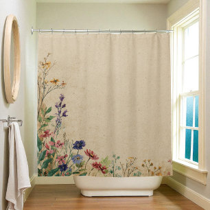 Beige Border Rustic Boho Wildflower  Shower Curtai