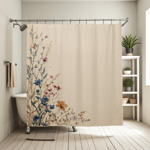 Beige Border Rustic Boho Wildflower  Shower Curtai