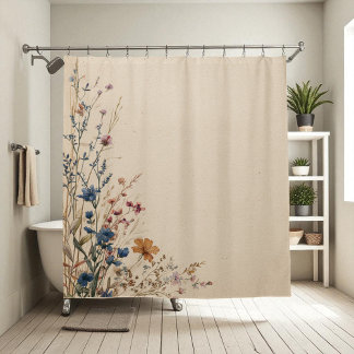 Beige Border Rustic Boho Wildflower Shower Curtai