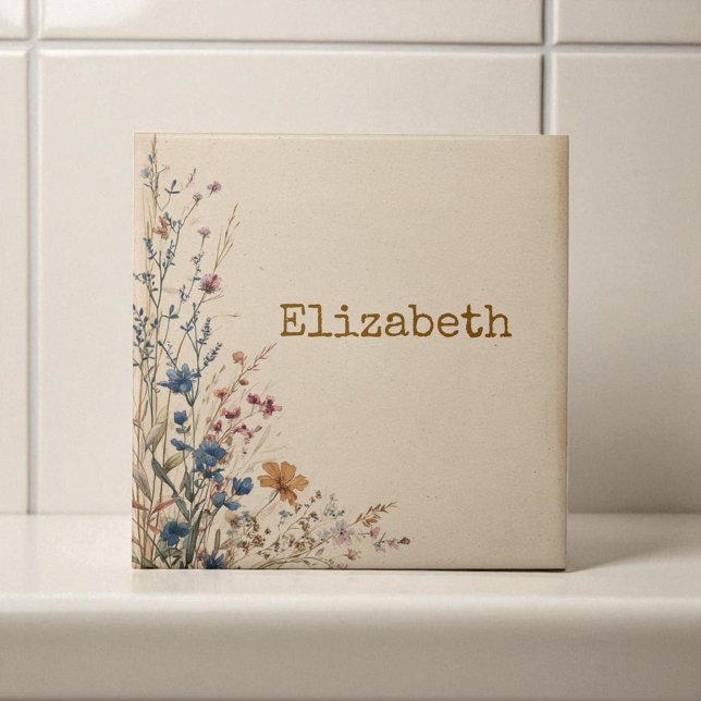 Beige Border Rustic Boho Wildflower  Tile (Beige Border Rustic Boho Wildflower Ceramic Tile)