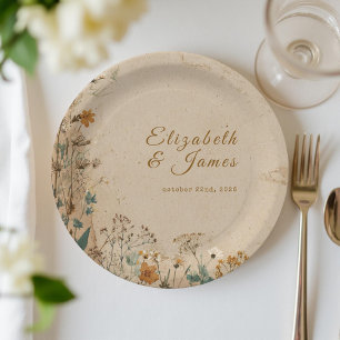 Beige Border Rustic Boho Wildflower Wedding Paper Plate