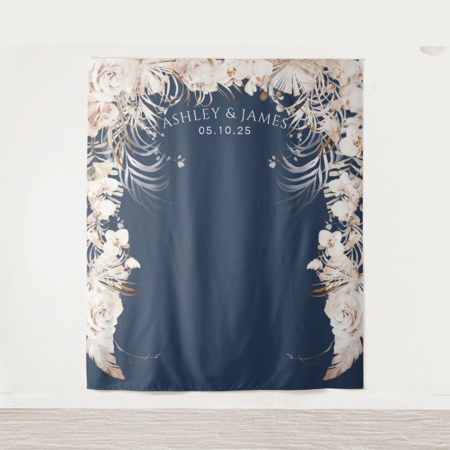 Beige botanical floral garden wedding backdrop tapestry (Front)