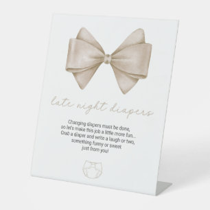 Beige Bow Baby Shower Late Night Diapers Pedestal Sign