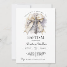 Beige Bow Baptism Invitation | Cross & Rosary