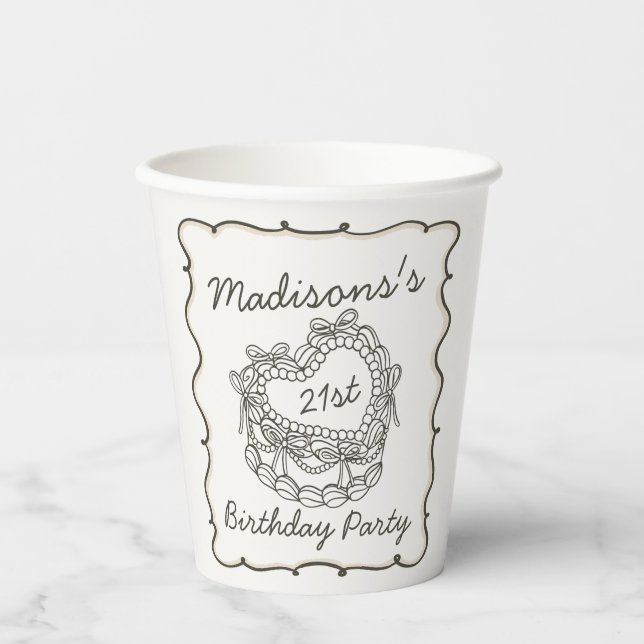 Beige Bow Retro Heart Coquette Cake Birthday Paper Cups (Front)