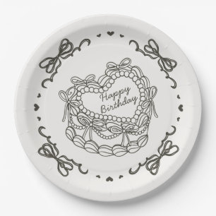 Beige Bow Retro Heart Coquette Cake Birthday Paper Plate