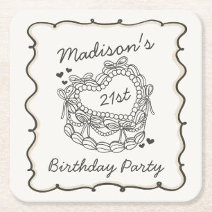 Beige Bow Retro Heart Coquette Cake Birthday Square Paper Coaster