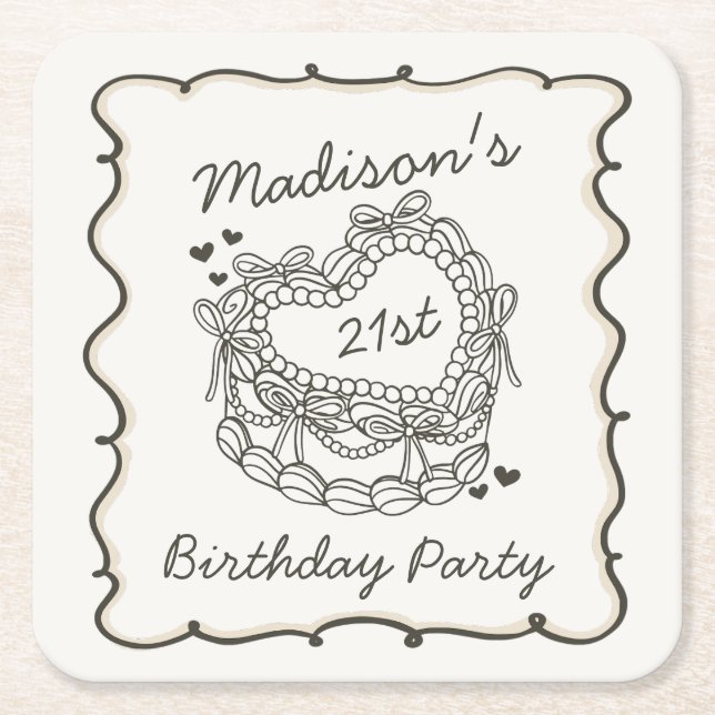 Beige Bow Retro Heart Coquette Cake Birthday Square Paper Coaster (Front)