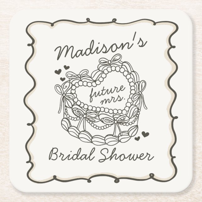Beige Bow Retro Heart Coquette Cake Bridal Shower Square Paper Coaster (Front)