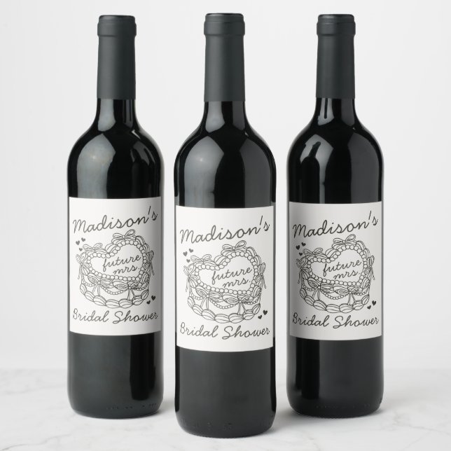 Beige Bow Retro Heart Coquette Cake BridalShower Wine Label (Bottles)