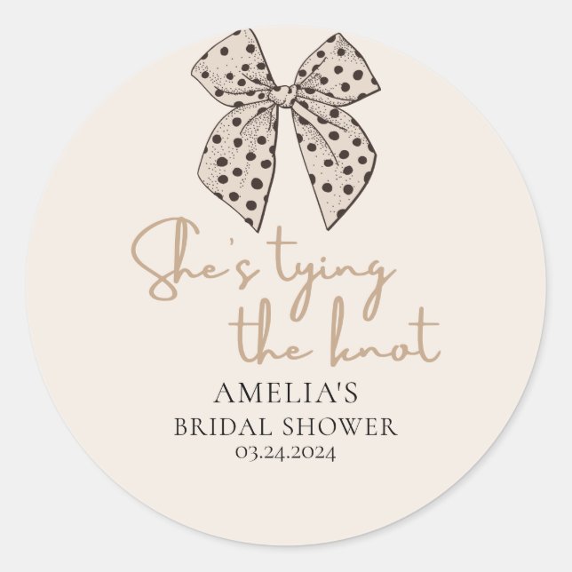 Beige bow She'sTying the Knot Bridal Shower  Classic Round Sticker (Front)