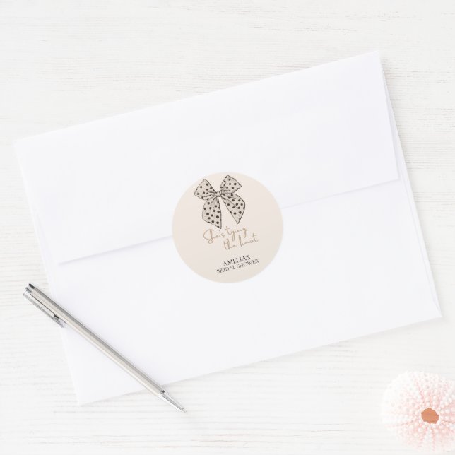 Beige bow She'sTying the Knot Bridal Shower  Classic Round Sticker (Envelope)