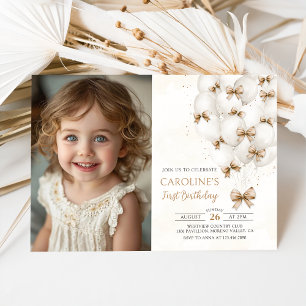 Beige Bows Balloons Birthday Invitation