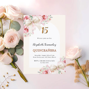 Beige bows pink florals arch luxury Quinceanera Invitation