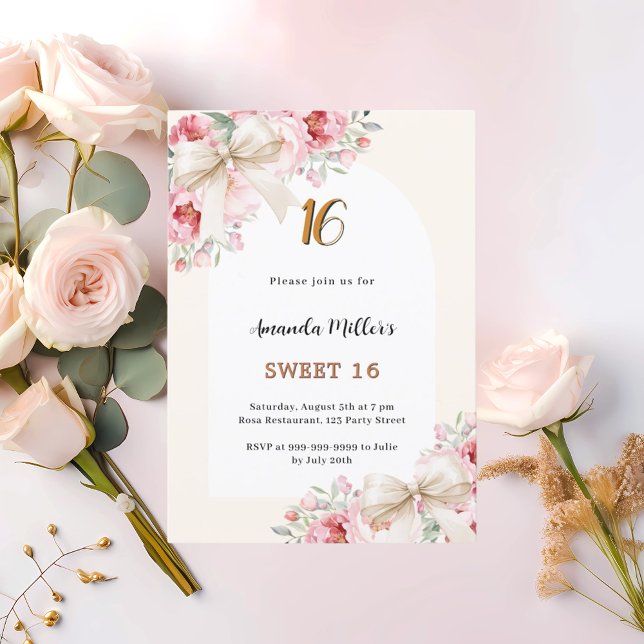 Beige bows pink florals arch Sweet 16 Invitation (Creator Uploaded)
