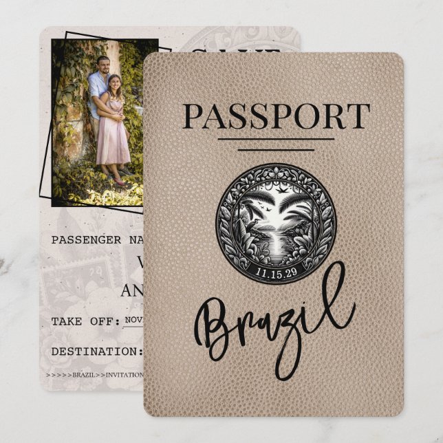 Beige Brazil Passport Save The Date (Front/Back)